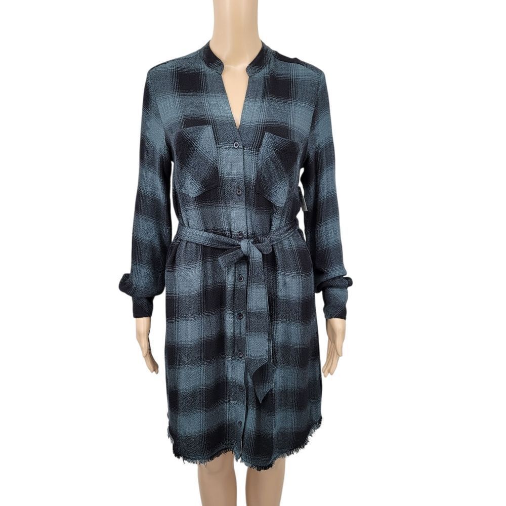 Cloth & Stone Frosted Pine Belted Shirt Dress Skater Long Sleeve Distressed Hem